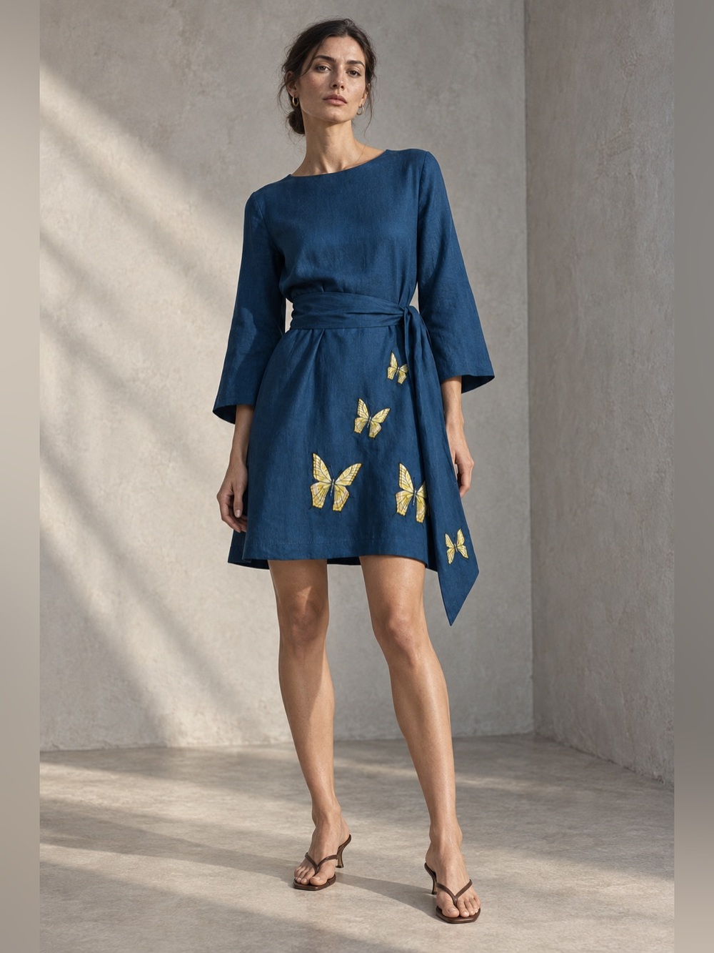 Fanm Mon Flutter Dress M Navy Linen Butterfly Embroidered Belted Mini NWT